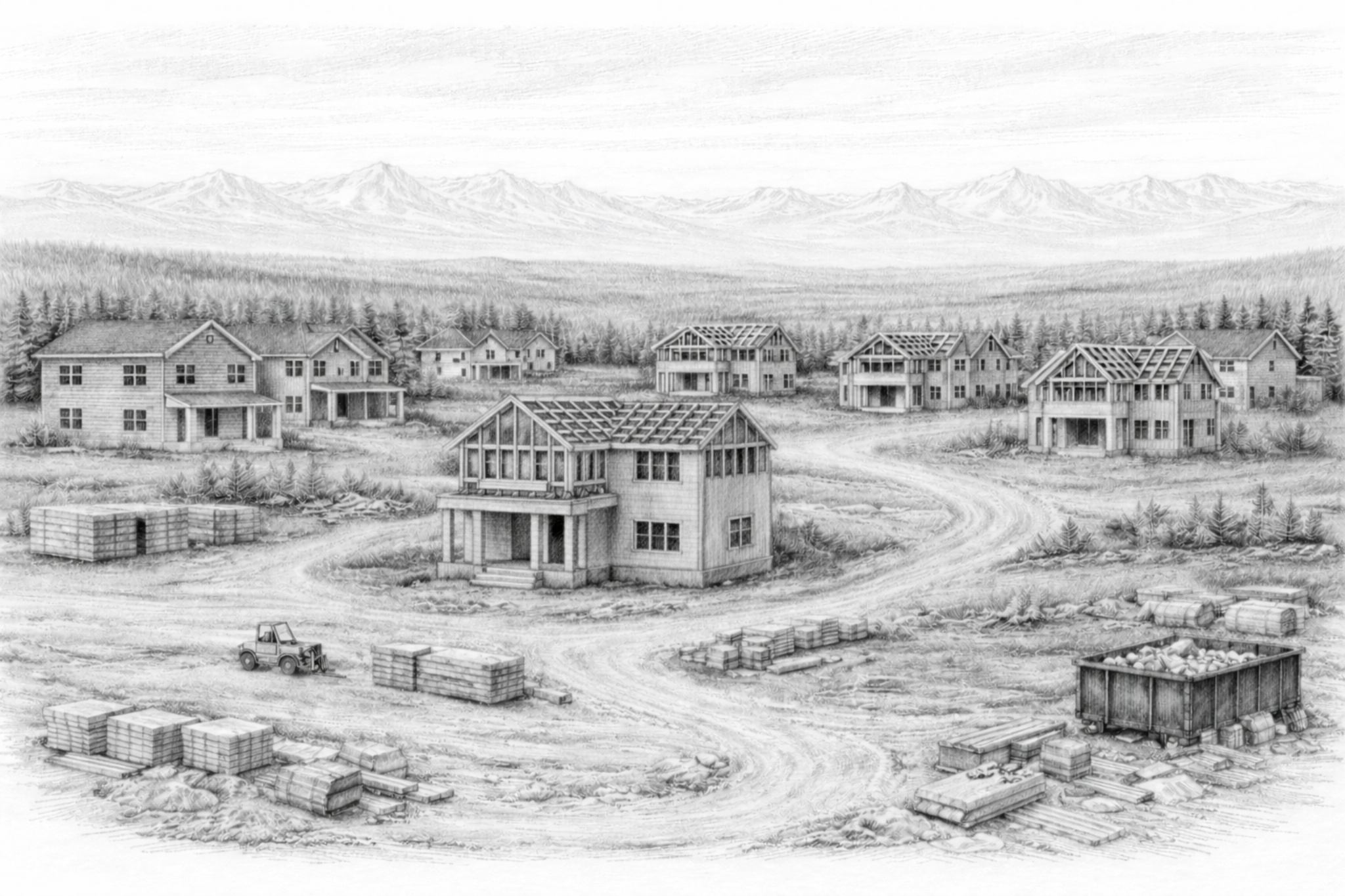 Pencil sketch of a neighborhood under construction with mountain backdrop